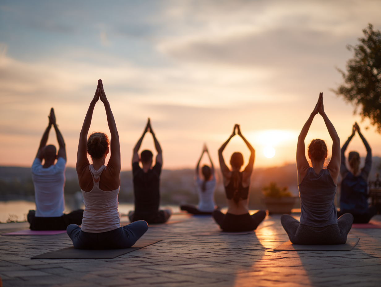 Жінка в позі лотоса медитує на заході сонця